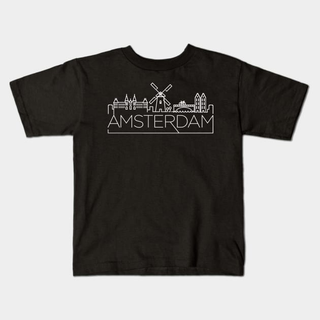 Amsterdam skyline line art Kids T-Shirt by Hetsters Designs